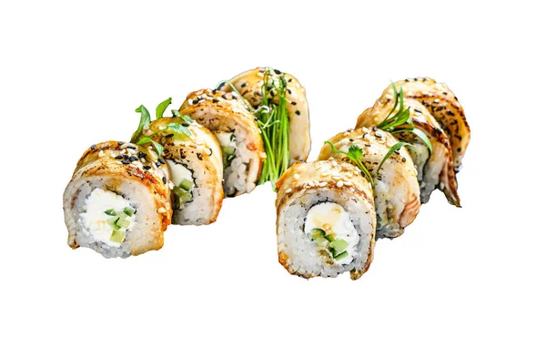 Sushi Roll Met Gerookte Paling Komkommer Geïsoleerd Witte Achtergrond — Stockfoto