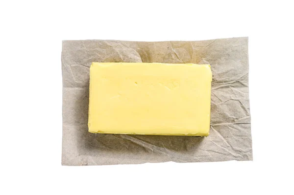 Manteiga Sobre Papel Artesanal Laticínios Isolado Sobre Fundo Branco — Fotografia de Stock