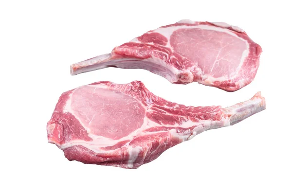 Nyers Szárazon Érlelt Tomahawk Sertésszelet Steak Fehér Alapon Elszigetelve — Stock Fotó