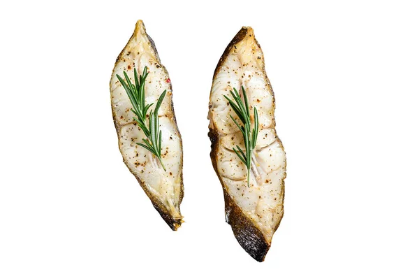Bistecca Pesce All Ippoglosso Con Rosmarino Isolato Sfondo Bianco — Foto Stock