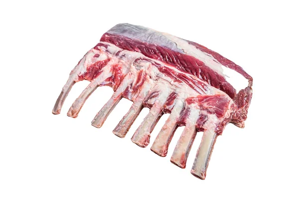 Cremalheira Fresca Crua Carne Cordeiro Isolado Sobre Fundo Branco — Fotografia de Stock