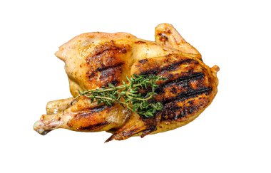 Bütün çiftlik tavuğunu pişirdim. Beyaz arkaplanda izole