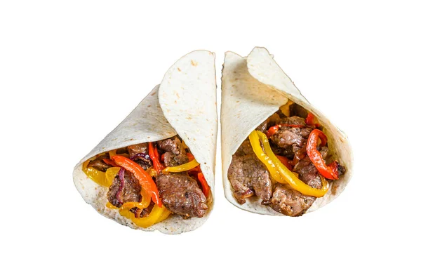 Fajitas Tortilla Wrap Beef Meat Stripes Colored Bell Pepper Onions — Stock Photo, Image