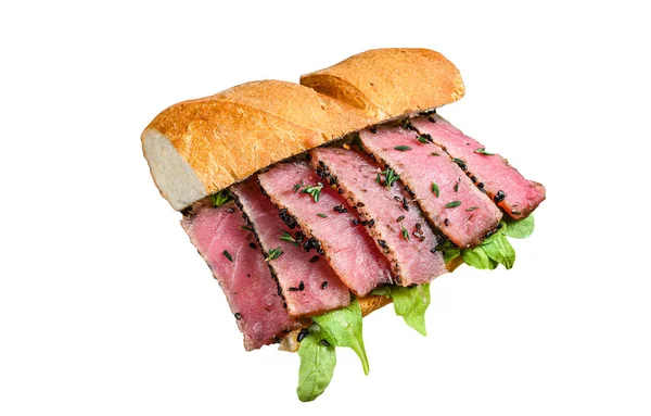 Gegrilde Ahi Tonijn Steak Avocado Sandwich Met Arugula Een Snijplank — Stockfoto