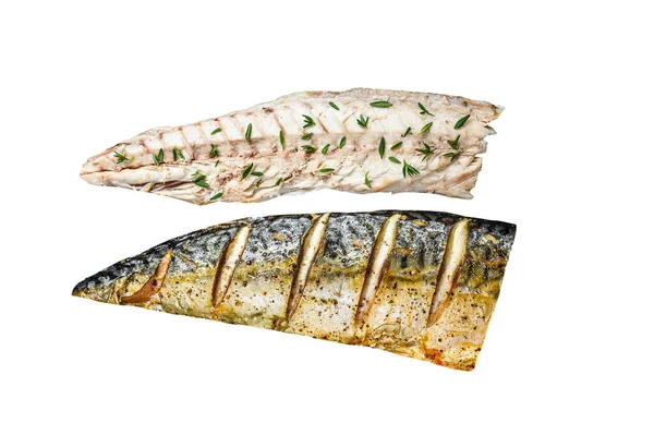 Roasted Fillets Mackerel Fish Cutting Board Isolated White Background — Stock Photo, Image
