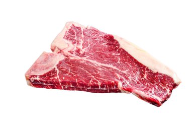 Kalın Raw T-Bone bifteği. Beyaz arkaplanda izole