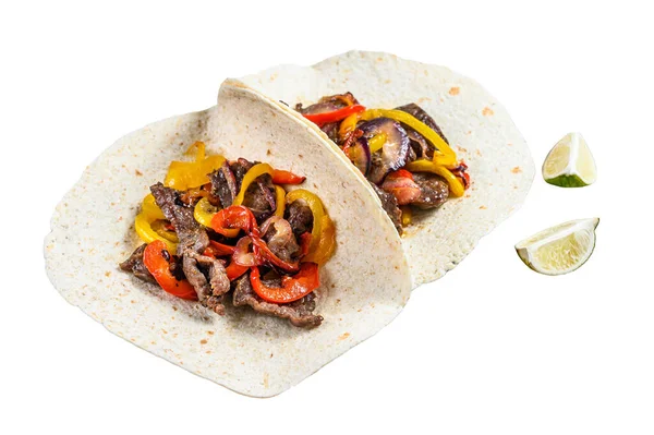 Fajitas Beef Meat Stripes Colored Bell Pepper Onions Served Tortillas — Stock Photo, Image
