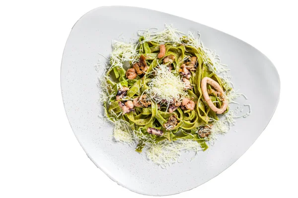 Zelený Špenátový Fettuccinový Těstoviny Sýrem Mořskými Plody Krevetami Olihní Chobotnicí — Stock fotografie