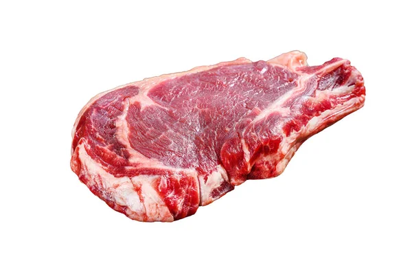 生牛仔或肋骨眼牛排在骨头上 牛肉肉馅易碎 因白人背景而被隔离 — 图库照片