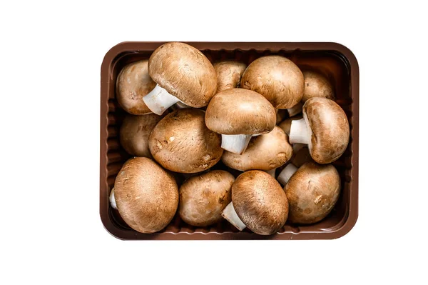 Rohe Champignon Pilze Einer Plastikbox Isoliert Auf Weißem Hintergrund — Stockfoto