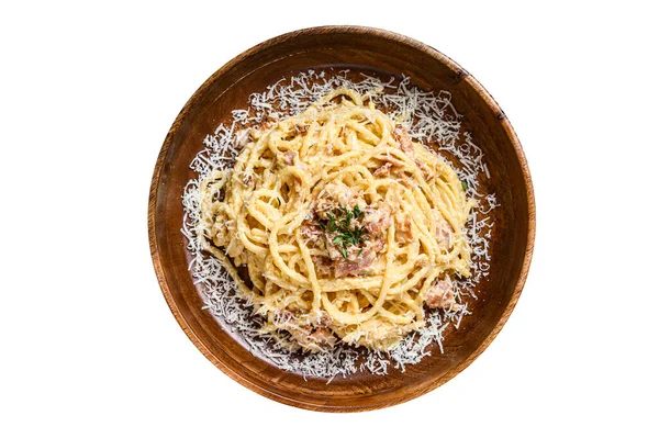 Massa Espaguete Carbonara Com Pancetta Ovo Queijo Parmesão Duro Molho — Fotografia de Stock