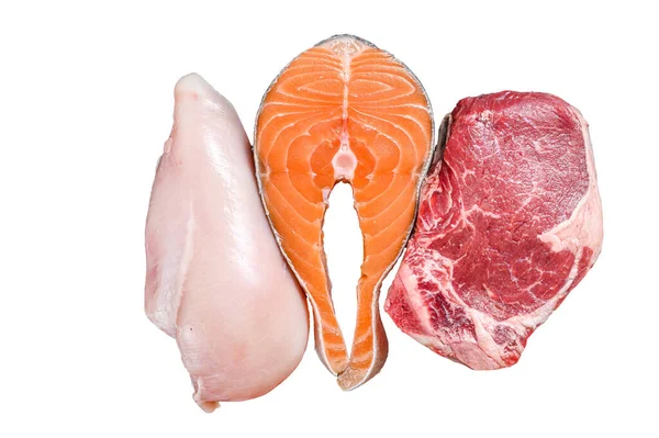 Different Types Raw Meat Steaks Beef Striploin Salmon Chicken Breast — Stock Photo, Image
