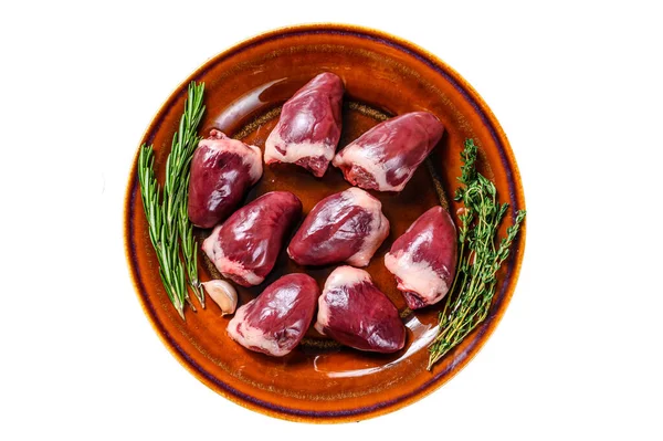 Fresh Raw Turkey Hearts Offal Giblets Thyme Rosemary Isolated White — Stock Photo, Image