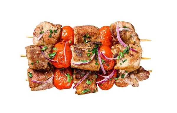 Shish Kebab Con Cebolla Tomate Pinchos Carne Parrilla Aislado Sobre —  Fotos de Stock