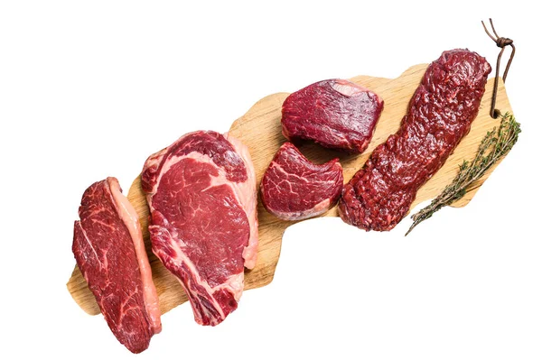 Verschiedene Rohe Steaks Vom Schwarzen Angus Rindfleisch Filet Mignon Rippenauge — Stockfoto