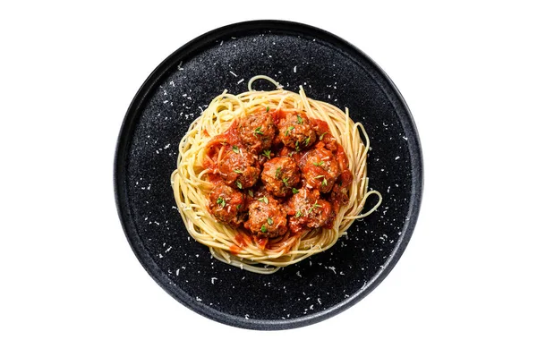 Μακαρόνια Κεφτέδες Και Σάλτσα Ντομάτας Ιταλική Κουζίνα Απομονωμένα Λευκό Φόντο — Φωτογραφία Αρχείου