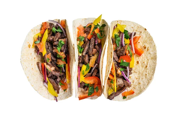 Tacos Mexicanos Com Carne Vaca Cebola Pimenta Doce Isolado Sobre — Fotografia de Stock