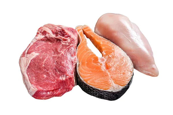 Diferentes Tipos Bifes Carne Crua Striploin Carne Salmão Peito Frango — Fotografia de Stock