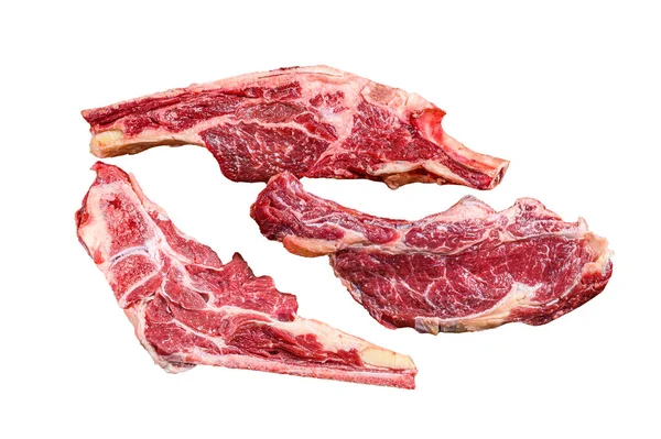 Różne Kawałki Surowego Mięsa Wołowego Izolacja Białym Tle — Zdjęcie stockowe