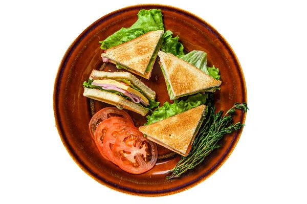 Geröstete Club Sandwiches Mit Schweineschinken Käse Tomaten Und Salat Auf — Stockfoto
