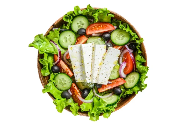 Řecký Salát Čerstvou Zeleninou Sýrem Feta Izolováno Bílém Pozadí — Stock fotografie