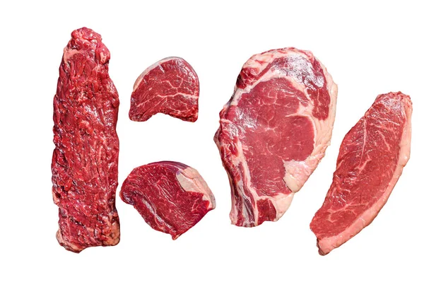 Různé Syrové Černé Angus Hovězí Steaky Filet Mignon Ribeye Striploin — Stock fotografie