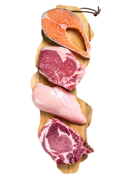 Mezcla Carne Filetes Crudos Salmón Carne Res Cerdo Pollo Aislado —  Fotos de Stock