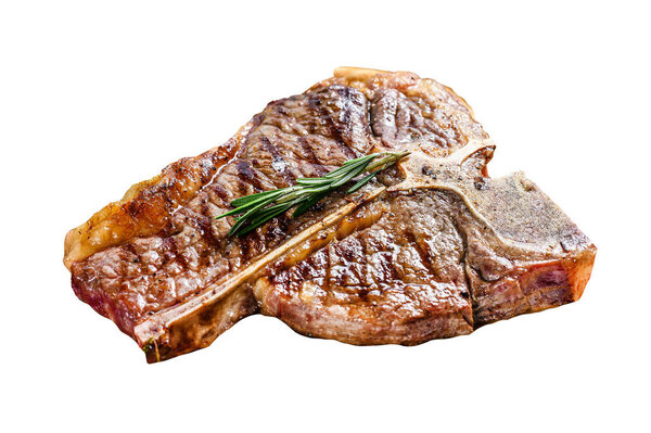 Grilled Porterhouse steak on a chopping Board. Cooked beef meat. Isolated on white background