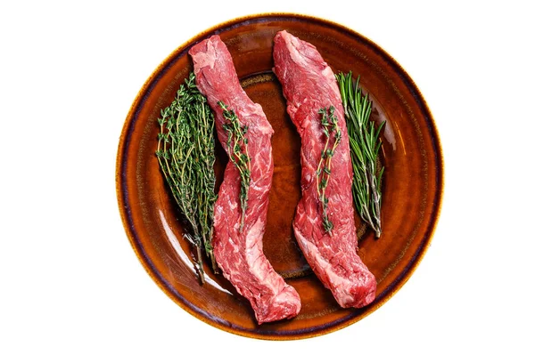 Raw Skirt Machete Beef Meat Steak Plate Isolated White Background — Stock Photo, Image
