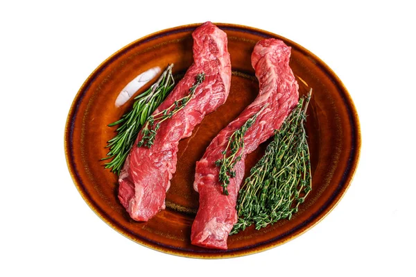 Syrový Hovězí Steak Talíři Izolováno Bílém Pozadí — Stock fotografie