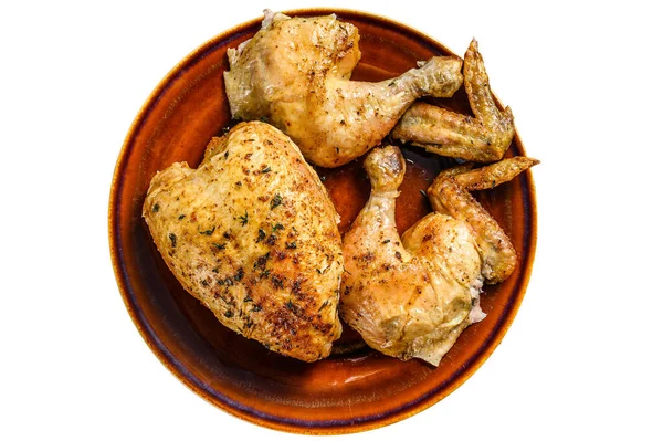 Slaktad Bakad Kyckling Träbord Isolerad Vit Bakgrund — Stockfoto