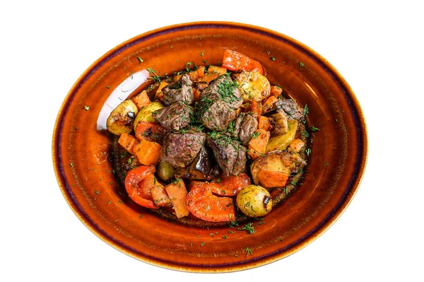 Irish Stew Made Beef Potatoes Carrots Herbs Isolated White Background — Stock Photo, Image