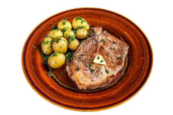 Bbq Varkensvlees Biefstuk Met Aardappel Geïsoleerd Witte Achtergrond — Stockfoto