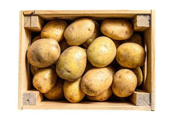 Πρώτες Κίτρινες Βιολογικές Πατάτες Ξύλινο Κουτί Απομονωμένα Λευκό Φόντο — Φωτογραφία Αρχείου