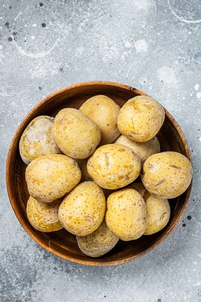 Canarian Boiled Potatoes Papas Arrugadas Gray Background Top View — Stockfoto