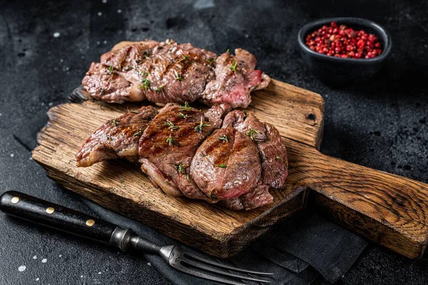Rost Lamb Leg Fillet Steaks Mutton Meat Spices Black Background — Stockfoto