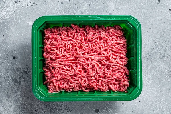 Raw Minced Meat Plastic Container Ground Beef Gray Background Top — Stockfoto