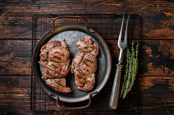 Grilled Lamb Chop Leg Steaks Mutton Meat Herbs Wooden Background — Fotografia de Stock