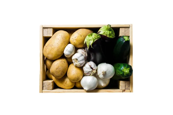 Ένα Κουτί Λαχανικά Πατάτες Κρεμμύδια Σκόρδο Μελιτζάνες Κολοκυθάκια Σούπερ Μάρκετ — Φωτογραφία Αρχείου