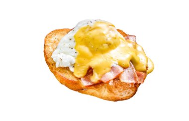 Pastırmalı Brioche sandviç, Benedict usulü yumurta ve Hollandaise sosu. Beyaz arkaplanda izole