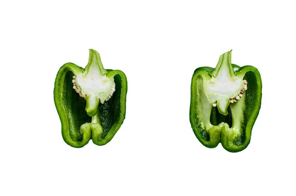 Grüne Paprika Zwei Hälften Schneiden Schwarzer Hintergrund Ansicht Von Oben — Stockfoto