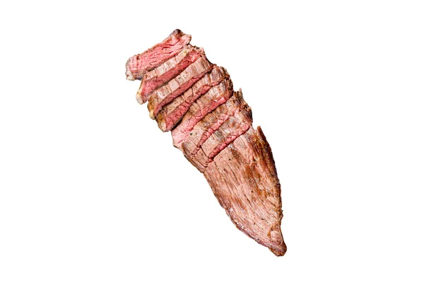Bife Carne Assado Médio Raro Fatiado Flanco Isolado Sobre Fundo — Fotografia de Stock
