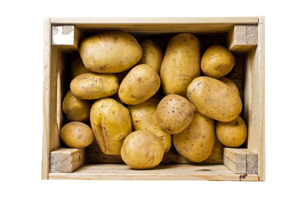 Πατάτες Ξύλινο Κουτί Σούπερ Μάρκετ Απομονωμένα Λευκό Φόντο — Φωτογραφία Αρχείου