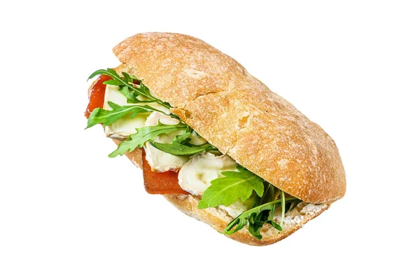 Ciabatta Sandwich Mit Frischem Ziegenkäse Birnenmarmelade Und Rucola Isoliert Auf — Stockfoto