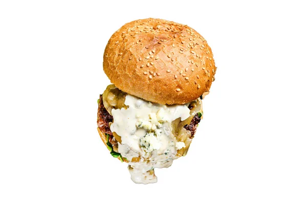 Hausgemachter Cheeseburger Mit Blauschimmelkäse Speck Marmoriertem Rindfleisch Und Zwiebelmarmelade Dazu — Stockfoto