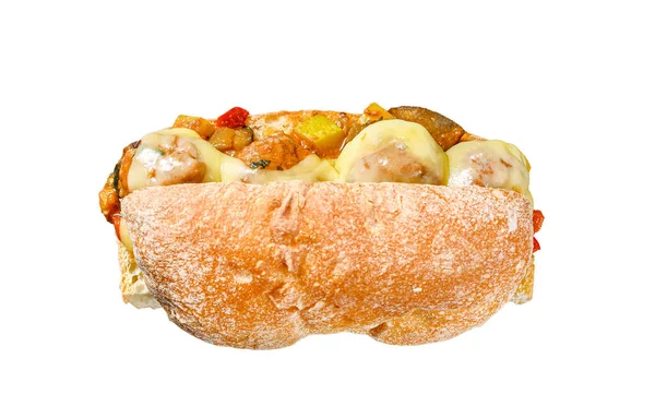 Ciabatta Σάντουιτς Κεφτέδες Τυρί Και Σάλτσα Ντομάτας Απομονωμένα Λευκό Φόντο — Φωτογραφία Αρχείου