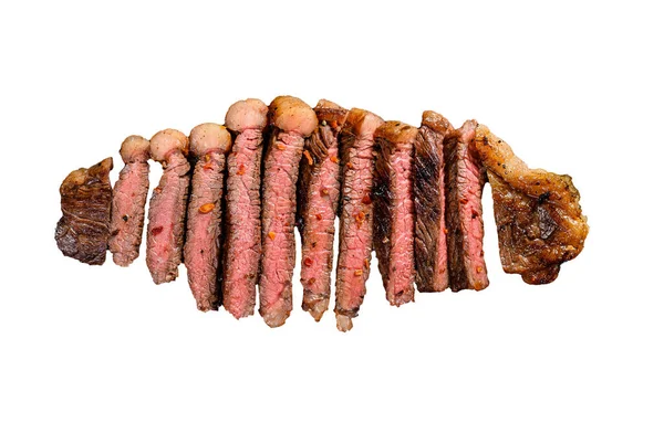 Diiris Daging Sapi Panggang Steak Pada Pisau Daging Terisolasi Pada — Stok Foto