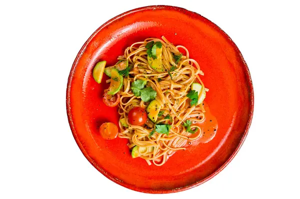 Vegetarian Pasta Tomatoes Avacado Squash Isolated White Background — Stock Photo, Image