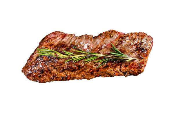 Grilled skirt, machete steak in a frying pan. Marble meat beef. Isolated on white background