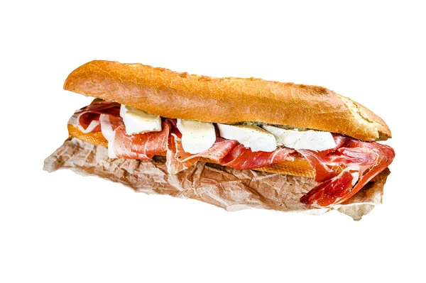 面包三明治 加果酱火腿色拉诺 意大利棕榈 卡门贝尔奶酪在切碎板上 因白人背景而被隔离 — 图库照片